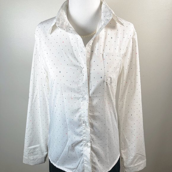 Star or cross print button-down shirt ~ Celestrial white pink blue MEDIUM blouse - Picture 1 of 15